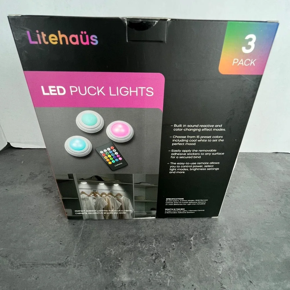 Litehaus 3 Pack LED Puck Lights Multicolor White LED Wireless Remote Battery Pwr
